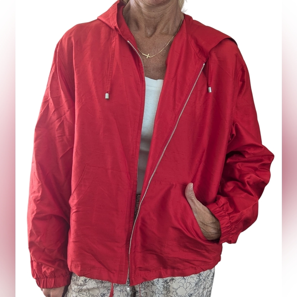 Vintage 90s Escada Sport Red 100% Silk Hooded Jacket NWT Size M - Picture 4 of 10